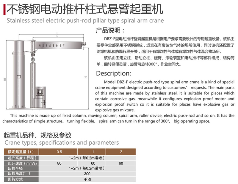 不锈钢电动推杆柱式悬臂起重机